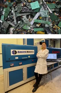 Collage: Image of microchips and photo of researcher in the UMIC laboratory