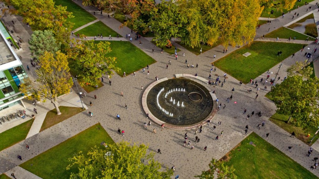 Aerial view of fall martha piper plaza